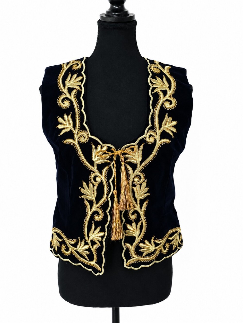 VTG Vintage Hand Made Gold-Embroidered Navy Velvet Vest, Fits S/M